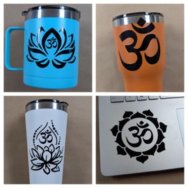 Om (Aum) Lotus Decal 4 Pack: Lotus Om, Om Symbol, OM Lotus Decals for Car, Tumbler, Laptop (Black, Small ~3.5")