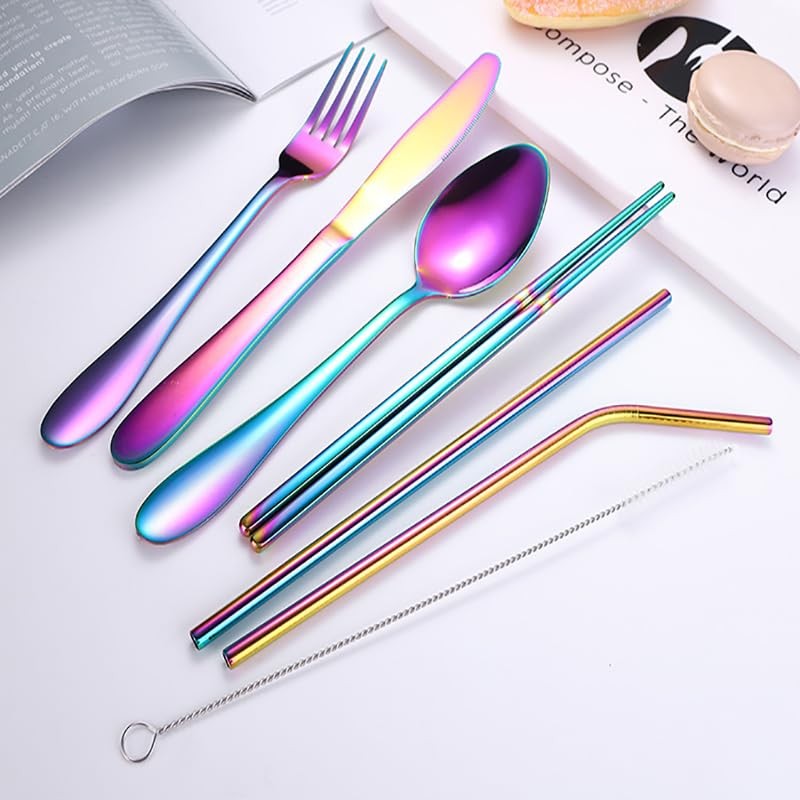 AIMALL 8-Piece Stainless Steel Portable Dinnerware Set with Multi-Coloured Cutlery