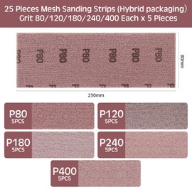 Sruhrak Mesh Sanding Strips 80 x 230 mm, Pack of 25 Professional Sanding Sheets with 80/120/180/240/400 Grit, for Hand Sanding, Orbital Sander and Hand Sanding Block
