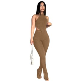 Workout Outfits for Women 2 Piece Seamless Ribbed High Waist Leggings with Sports Bra Exercise Set S Apricot