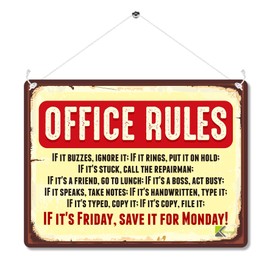 MP056 OFFICE RULES LAZY Funny Novelty Retro Vintage Metal Wall Sign Plaque 20cm x 15cm | Vintage Tin Plaque, Gag Gift for Coworker Colleague Boss | Wall Art | Sarcastic Work & Home Office Decor