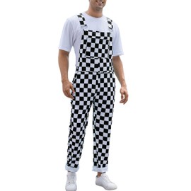 Odefou Black and White Checkered Pants Mens Overalls Bib Coveralls Cute Stretch Jeans Jumpsuit(Black,M)