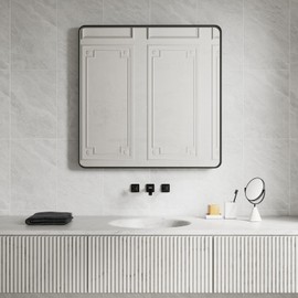 JISOSO 38x38 Inch Black Bathroom Mirror Wall Mounted, Rounded Matte Black Framed Mirror, Black Bathroom Vanity Mirror, Tempered Glass, Anti-Rust, Horizontal/Vertical