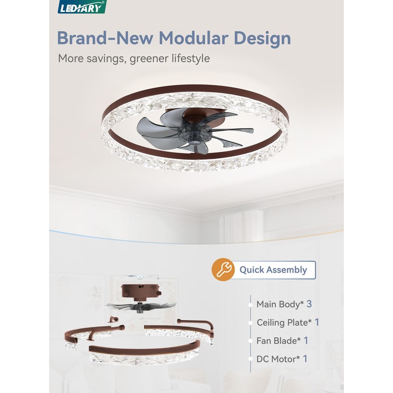 LEDIARY 20" Modern Ceiling Fans with Lights and Remote, Dimmable