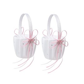 2PC Wedding Flower Girl Basket, White Satin Flower Storage Basket with Heart Buckle Satin Ribbons Hanging Basket for Wedding (Pink)