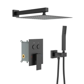 Matte Black 12-Inch Wall Mounted Square Bathroom Set Dual Shower Head with Rough-in Valvecolor: as Pic Color