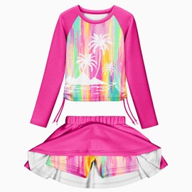 LQSZ Girls 2-Piece Rash Guard Swimsuit Long Sleeve Bathing Suit with Skirt UPF 50 Sun Protection for Age 3-12T