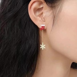 Snowflake Santa Claus Threader Tassel Earrings for Women Sterling Silver Pins Red Crystal CZ Stock Christmas Hat Dangle Drop Christmas Tree Earring Studs Xmas Party Gifts(Snowflake)