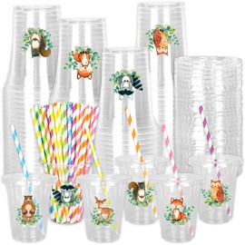 Whaline 60Pcs Woodland Animal Disposable Plastic Cups with Lids and Straws 12oz Clear Cold Beverage Drinking Cup with Jungle Animal Stickers for Baby Bridal Shower Birthday