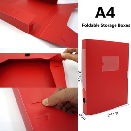 Hoiwigy Foldable A4 Document Box, Pack of 4 Plastic Archive Cases with Lid, 31×24x4cm, File Folder Organizer Document Storage File Boxes for Office, School, Letter Size Paper (Red)