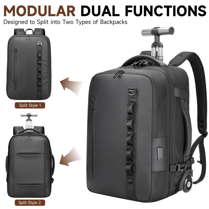 2-in-1 Detachable Carry On Rolling Backpack - Splits into Two