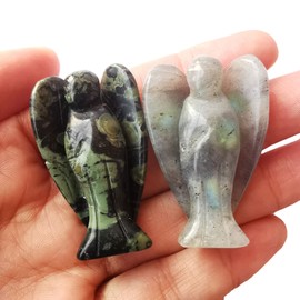 Loveliome Mini Crystal Angel, 2 Pcs Pocket Carved Gemstone Guardian Figurines Healing Statue Home Decor 1.5 inch, Kambaba Jasper + Moonstones