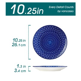 vancasso Ceramic Dinner Plates Set of 6, Large Vintage Plates 10.25 Inch Set of 6 for Kitchen, Porcelain Blue and White Plates for Kitchen, Microwave Oven Dishwasher Safe, Vintage Gift, Blue