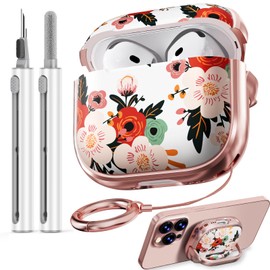 Inesore with Safety Lock for AirPods 4 Case,Clear Floral Cute AirPod 4th Generation Case for Women Girly with Cleaner Kit and Keychain-White Peony