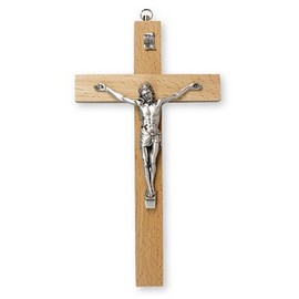26cm Wall Hanging Pear Wood Crucifix Cross Silver Corpus Jesus 10577