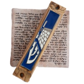 Olive Wood Blue Enamel Door Jewish Kotel Mezuzah Case w/Non-Kosher Scroll Traditional Handmade Klaf Parchment 3.8"/10cm, for Home Protection and Blessings Shin Wailing Wall Jerusalem