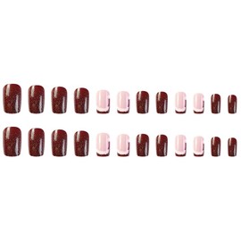 Christmas Press on Nails Medium Square Fake Nails Wine Red False Nails with Glitter Design Christmas Hat French Tip Glue on Nails Glossy Full Cover Acrylic Nude Stick on Nails for Women Manicure