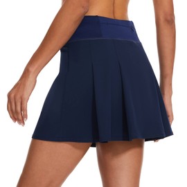 M MOTEEPI 16" Pleated Tennis Skirt with Shorts High Waisted Athletic Skirt Back Zip Pocket Tennis Athletic Skort Navy Blue Medium