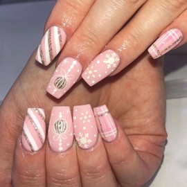 24 Pcs Christmas Pink Press on Nails Medium Square - ZIFANHU Cute Glossy Fake Nails Press ons Nail Art Tips Full Cover Acrylic False Nails with Plaid Light Ball Design Glue on Nails for Women