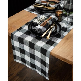 Solino Home En White y Negro Camino de Mesa Lino 132 Pulgada Larga – 100% Lino Puro 14 x 132 Pulgadas Extra Larga Camino de Mesa – Comedor Granja Camino de Mesa – Buffalo Check