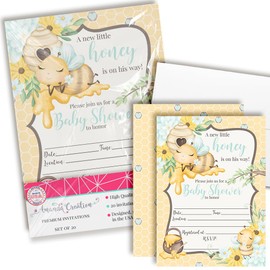Amanda Creation Honey Baby Shower Invites for Boys, 20 5x7 Double Sided Fill In Honey Pot Baby Shower Invitations with Twenty White Envelopes Little Honey Bee Baby Shower Theme Cards It’s a boy