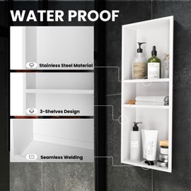 LNEUIE Stainless Steel Shower Niche 12" X 30"，3-Tier Recessed Wall Niche No Tile Needed Shower Shelf for Bathroom Storage (4x12x30 White)