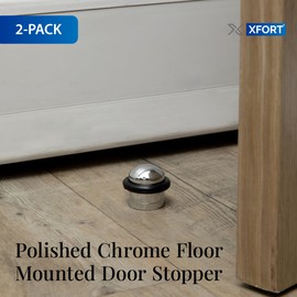 XFORT Polished Chrome Floor Mounted Door Stopper - Soundproof Door Stop with Rubber Ring to Protect Doors, Walls & Skirting - Internal and External, 2 Pack