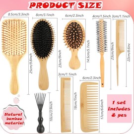 Juego de 8 cepillos de bambú para el cabello, de madera natural, con cepillo de pala, desenredante redondo, peine de cola y rastrillo de limpieza, cep
