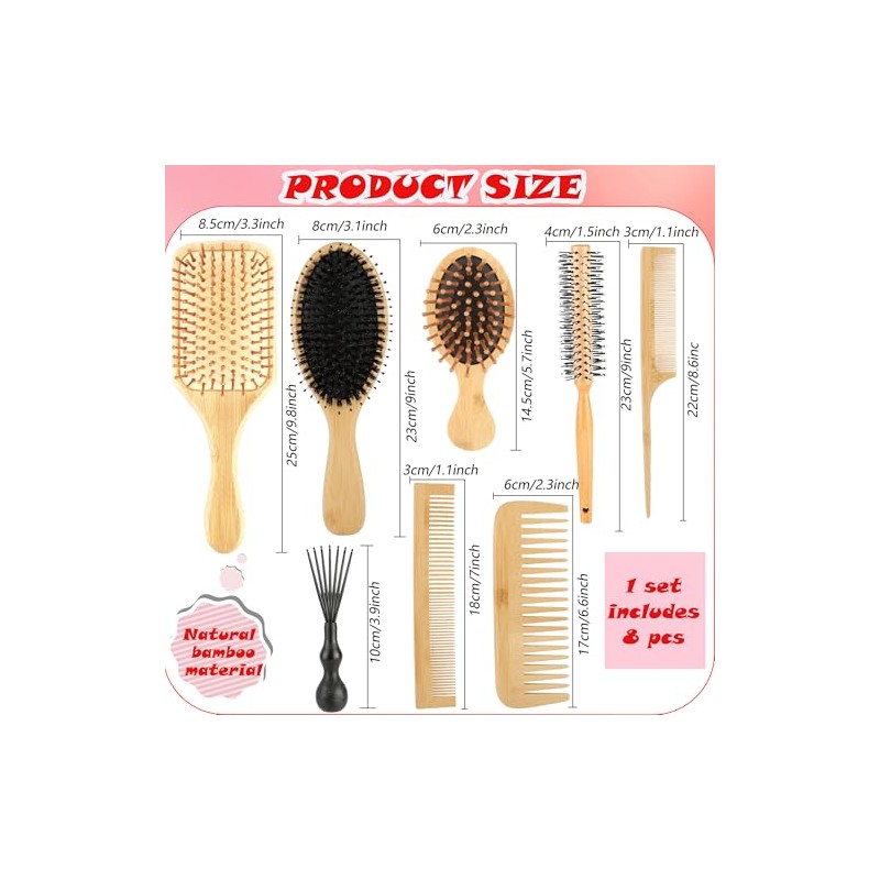 Juego de 8 cepillos de bambú para el cabello, de