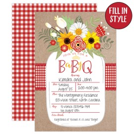 Baby BBQ Invitation, Baby Shower Invite, Baby Q Barbeque Summer Invition Mason Jar Floral, 20 Fill in Invitations and Envelopes