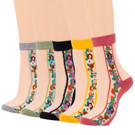 Campsis Flower Sheer Sock Floral Fishnet Socks Mesh See Through Socks for Women and Girls(5 Pairs)