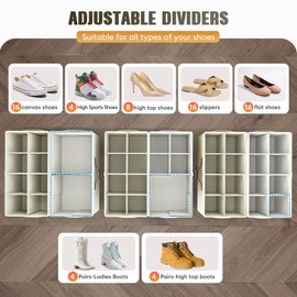 Budding Joy 2 Pack Shoe Organizer for Closet, Clear Foldable Shoe Storage Containers Adjustable Dividers Fits 16 Pairs,Shoe Storage Bins Baskets Boxes with Reinforced Handles Beige Yellow Beige