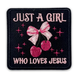 Just A Girl Who Loves Jesus Patch 3 Inches Cherry Bow, Christian Bible Iron On/Sew On Embroidery Fabric Applique Patches for Trucker Hats Clothes Backpack DIY Accessories Coworkers Friends Mom Gifts