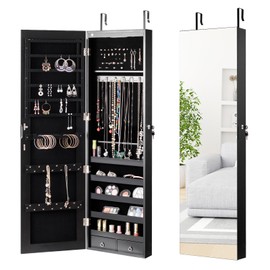 LOKO Mirrored Jewelry Armoire, Wall/Door Mounted Jewelry Cabinet with Full-Length Mirror, Lockable Jewelry Storage Organizer with 2 Drawers & 2 LED Lights, for Girls Women Gift Bedroom (Light Pink)