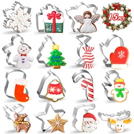 Christmas Cookie Cutters 15Pcs Winter Holiday Cookie Cutter Set Stainless Steel Metal Biscuit Cutters for Baking with Snowflake, Winter Glove, Snowman, Star for Christmas Party Biscuit Baking Molds