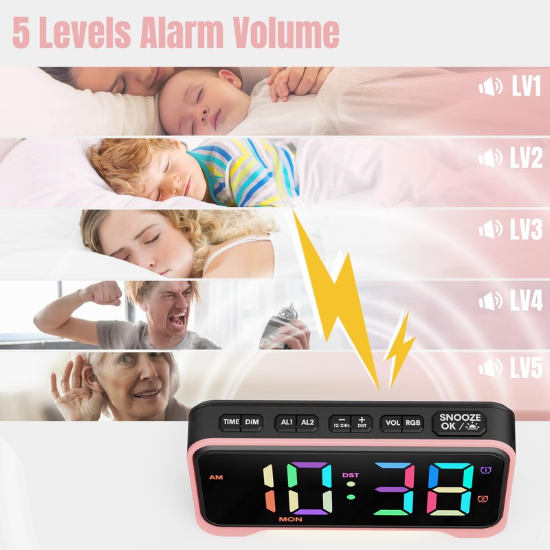 Digital Alarm Clock for Kids, 10 RGB Phantom Dynamic Colors