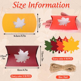 JarThenaAMCS 40Pcs Fall Treat Boxes with Gift Tags Hemp Rope 4 Colors Pillow Box with Maple Leaf Shape Window Paper Gift Container for Autumn Thanksgiving Sweets Chocolate