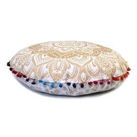Round Mandala Floor Pillow Cover Seating Cushion Throw Cover Hippie Decorative Bohemian Ottoman Pouf Cover, Pom Pom Pillow Cases,Boho Indian 22 Inches (Gold)