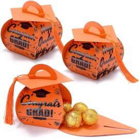 KPOSIYA Graduation Party Favors Boxes，32 pcs Class of 2025 Graduation Cap Candy Box with Tassel，Grad Gift Treat Boxes for 2025 Table Centerpieces Decorations(Black,Orange)