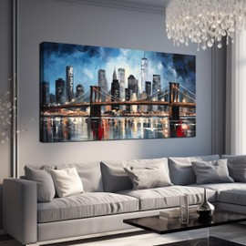 TYTAUPT Brooklyn Bridge Wall Art for Bedroom,Modern City Large Canvas Wall Art Living Room,Blue Home Office Decor 29 x 59 Inch