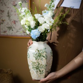 Green and White Vintage Ceramic Vase, 9.1 Inch Ice Glazed Crack Chinoiserie Rustic Floral vases, Green and Beige Large Pastoral Farmhouse Flower Vase for Tuscan Home Decor (D 6" X H 9.1")