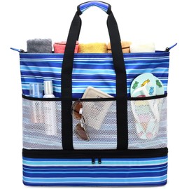 JIANYA Beach Bag Women Waterproof Sandproof Beach Tote Bags with Cooler Top Zipper Large Totes for Beach Pool Travel Daily, Small Stripes Blue