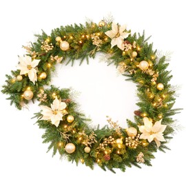 AMERZEST 9Ft Christmas Garland Prelit with Gold Berries and Balls,Flower and 50 Lights Plug in,Holiday Decoration Fireplace Stairs Mantle Door Indoor Outdoor