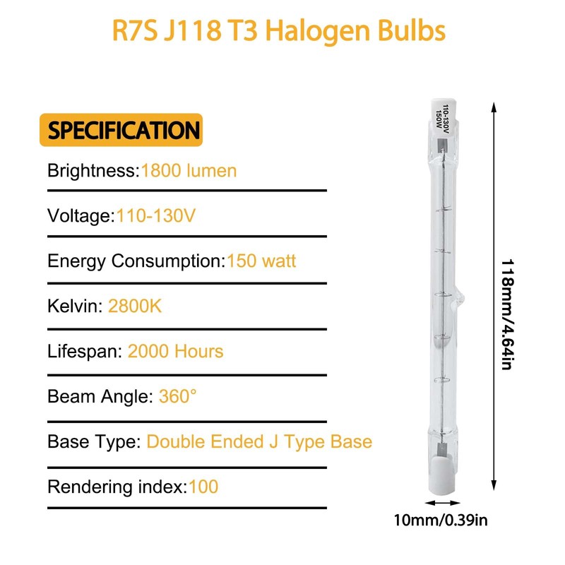 5 Pack 150W Halogen Light Bulbs 4.65 Inch(118mm) J Type