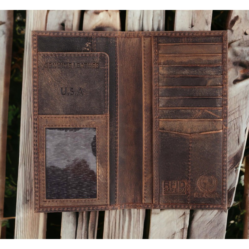 F&L CLASSIC Men's RFID Vintage Look Genuine Leather Long Bifold