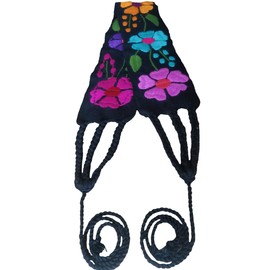 Mexican Embroidery Belt Sash 28 Inches & 22 Inches String Beautiful Floral Design Traditional Fiesta Party, Black, One Size