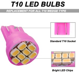 GLOFE T10 194 168 Pink Purple LED Dash Instrument Lights Bulbs with T10 Twist Lock Socket Super Bright T10 Instrument Panel Gauge Cluster Dashboard LED Light Bulbs 12V 8-SMD Chipset (20Pcs/Set)