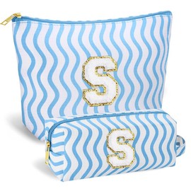 SEFORICO Initial Makeup Bag- Cosmetic Bag Cute Teen Girl Gifts Make Up Case Large Capacity Makeup Bag Travel Bag Gift for Women Valentines Day Bridesmaid Friend Birthday Gifts(Blue S)