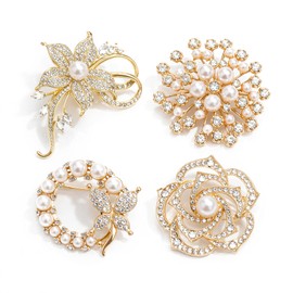 Brooches and Pins for Women, 4Pcs Gold Brooch Set with Pearl Brooch & Crystal Broochs Rhinestone, Vintage Flower Broochs Butterfly Lapel Pins for Wedding Party Gift