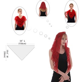 LMVERNA Triangle Lace Mantilla Veil Lightweight Tassel Scarf Fashion Head Covering Floral Shawls and Wraps for Women (Red)